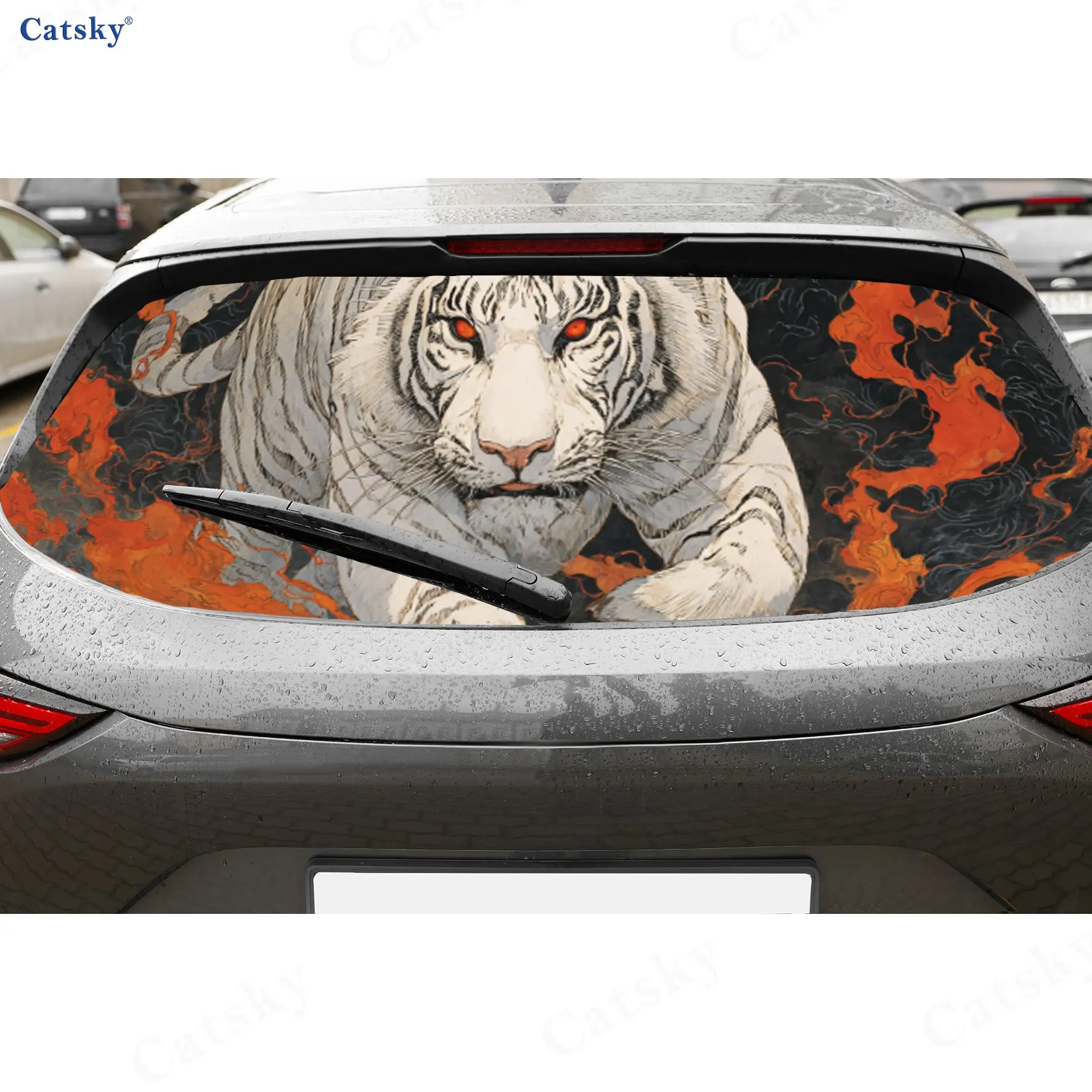 

Majestic White Tiger with Fire Accents PVC Perforated Car Vinyl Wraps, Durable Car Rear Windshield Sticker, Waterproof Car Rear