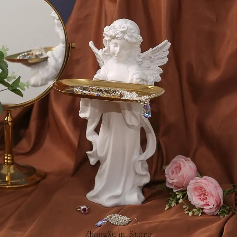 Elegante, weiße Engel-Figur aus Harz, dekoratives Schmucktablett für Kaminsims oder Regale, 3XUF. – Detail 2