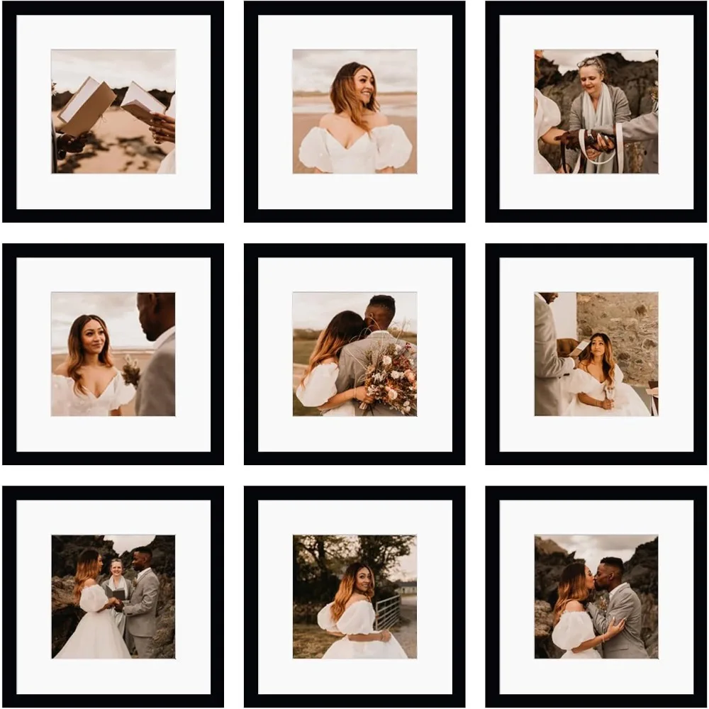 

Set of Nine 12x12 Square Photo Frames Display 8x8 with Mat or Full Size Collage for Wall or Tabletop Black