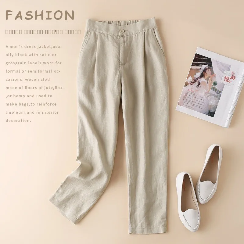 

Женские свободные брюки-морковки с высокой талией из льна, облегающие повседневные брюки-шаровары из хлопка и льна длиной 7/8