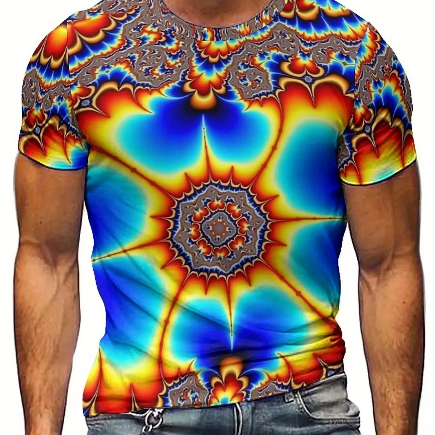 남성용 생기 넘치는 타이 염색 반소매 티셔츠 3D 기하학 프린트, 라운드 넥, 가볍고 통기성이 뛰어나 모든 계절에 적합