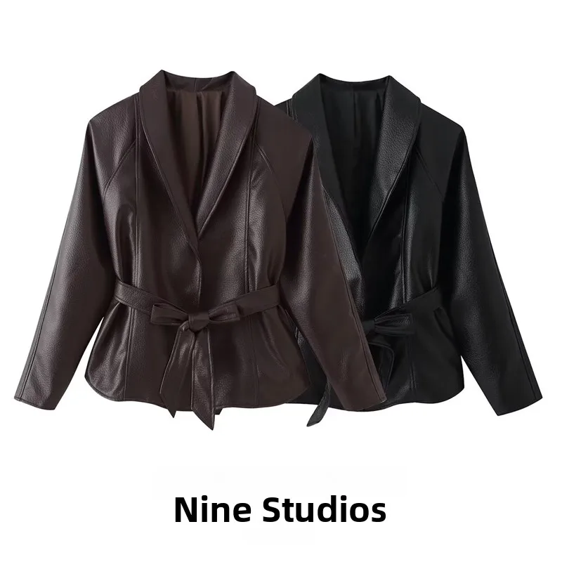Casual Loose Pure Color Belted Women's Leather Jacket Outerwear Top Versatile NINE ZAR Fashion Spring 2026 China Origin
