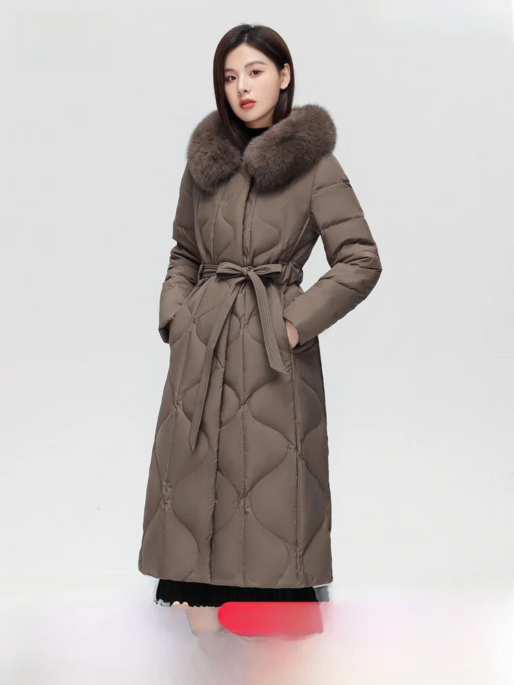 

Snow Flng Spring 2026 Long Ultra-Warm Women's down Jaet with Fur Collar And Belt Vintage Straight Cut Commute Sle