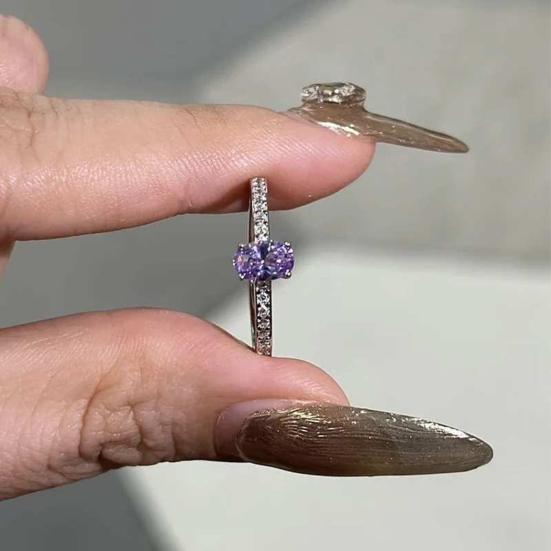 New 100% S925 Silver Purple High Carbon Diamond Ring with 4 * 6mm Full Body Inlay, Light Luxury Women's Ring, Wedding Jewelry