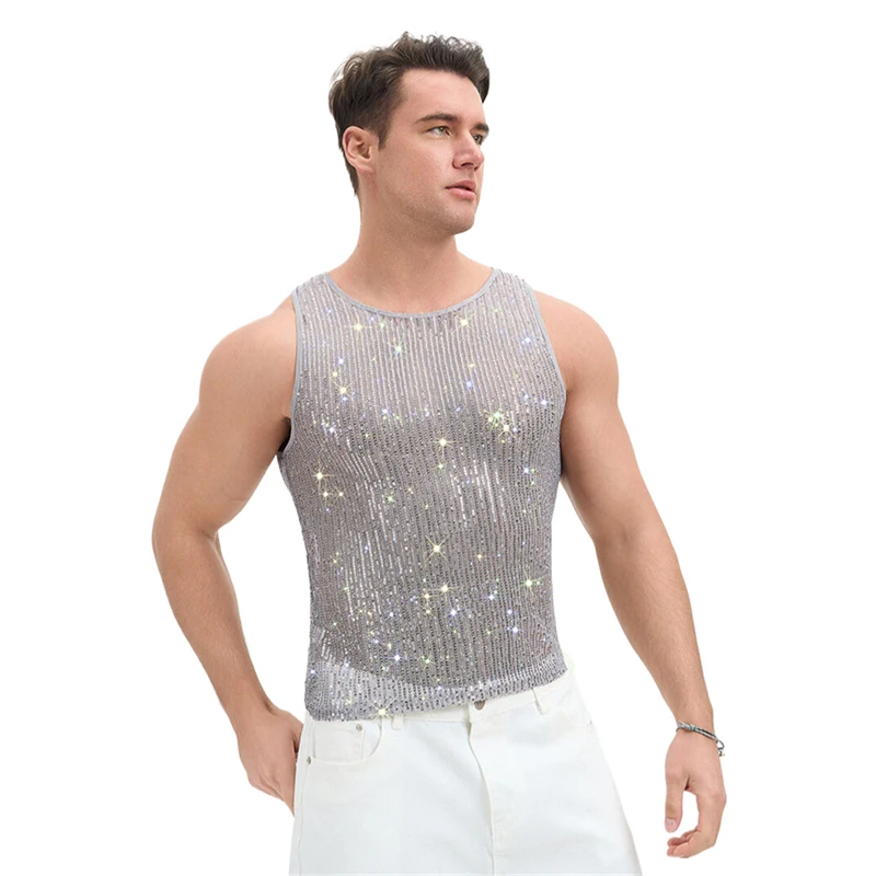 Herren-Netz-Strass-Y2K-Tanktop, durchsichtig, glitzernd, Party-T-Shirt, Nachtclub, Musikfestival, Bühnenkostüm – Detail 2