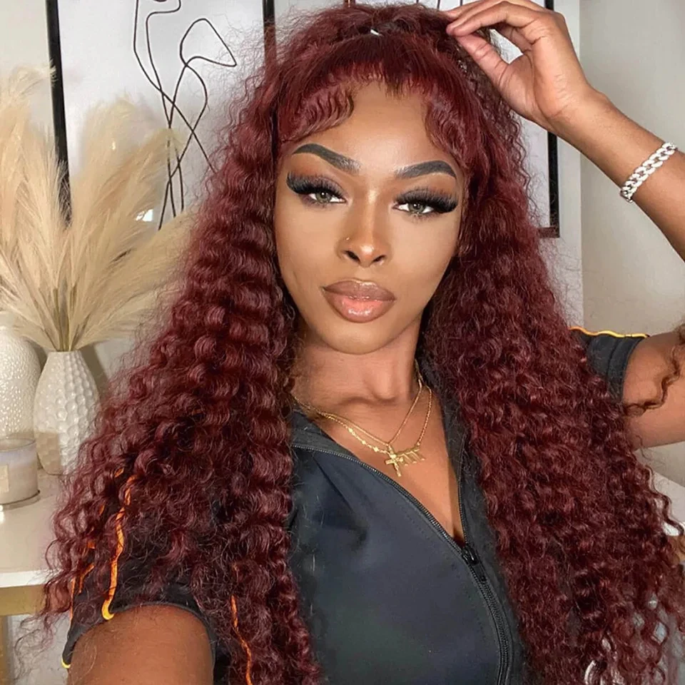 13x6 Reddish Brown Deep Wave Lace Frontal Human Hair Wig Colored Loose Curly Wave 13x4 HD Lace Front Human Wig 250% For Women