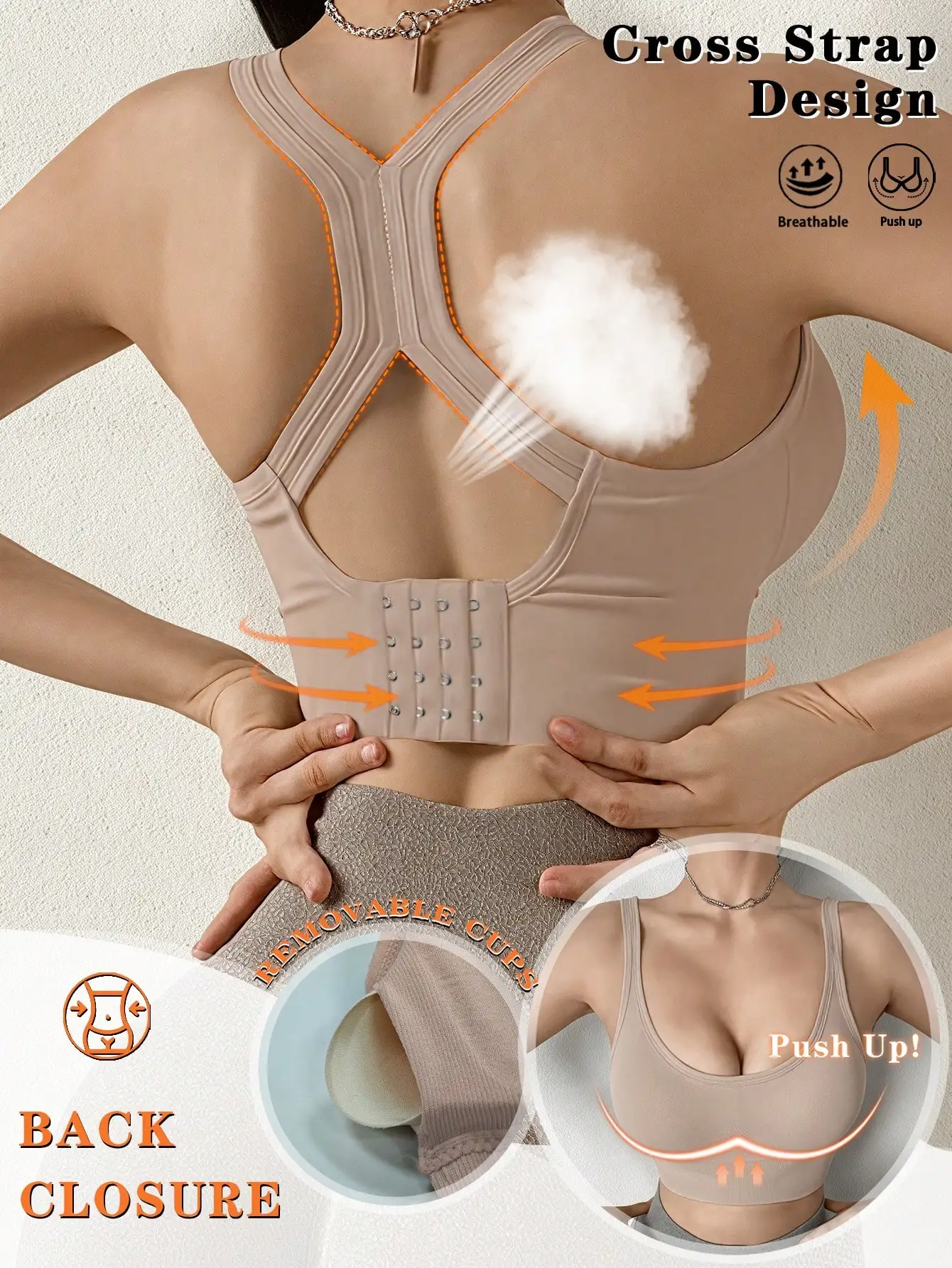 Sexy Push-Up-BHs für Damen, Sport-BH, Rückenkreuz-Unterwäsche, Yoga-Top, kabelloser BH, stoßfeste, bequeme Dessous für das Fitnessstudio – Detail 4