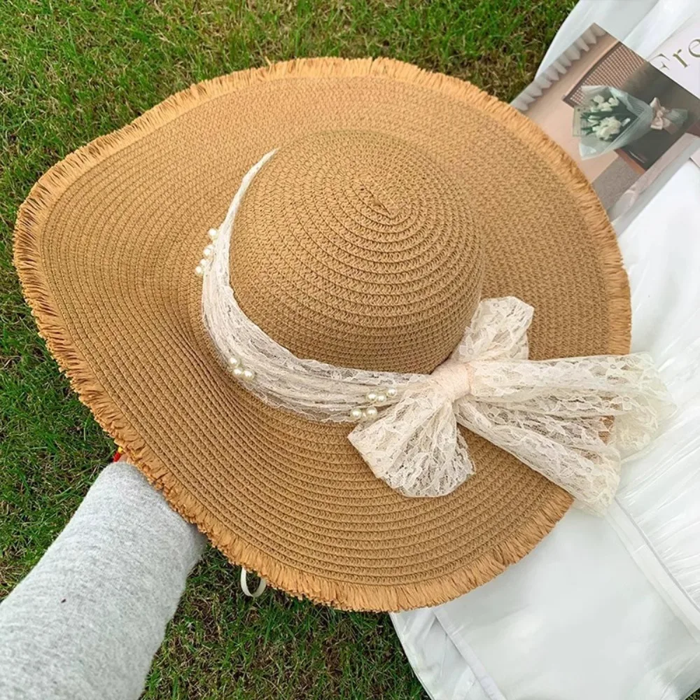 

Casual Woven Straw Hat Lace Bow Large Brim Sun Hat Sun Shading Beach Hat Women
