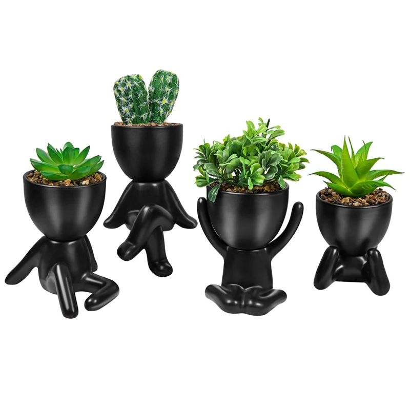 

ABVB-4PCS Black Mini Potted Succulent Decor Creative Human Shaped Black Pots Small Pots Handicraft Ornaments