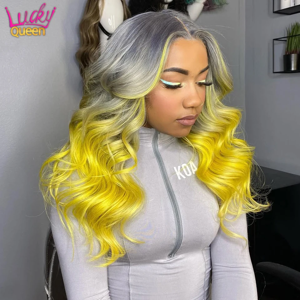 

Grey Blonde Colored Wig Human Hair 13x4 Lace Front Wig Brazilian Body Wave Wigs 180 Density For Women Ombre Silvery Yellow