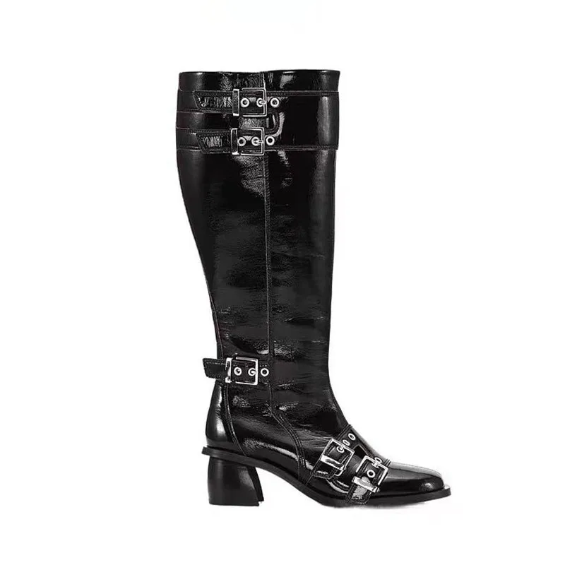 

Women's Black Patent Leather Multi-Buckle Knee-High Boots Square Toe Block Heel Tall Boots Edgy Fashion Boots for Autumn Winter