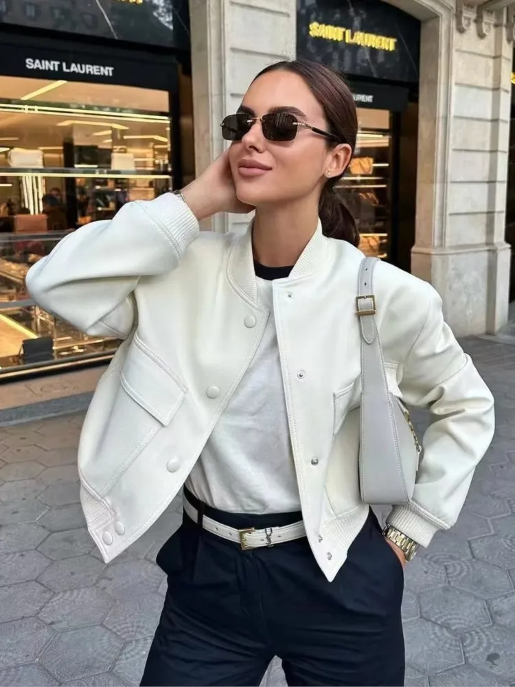 

Women Fashion Jacket Solid Color Coat Autumn Winter Button Baseball Aviator Cropped Jackets For Women Long Sleeve Crop Outerwear