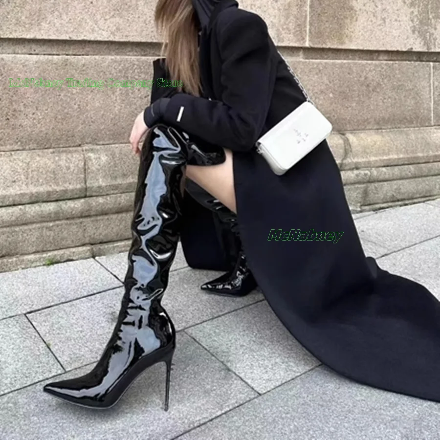 Shiny Leather Over the Knee Boots Retro Fall Pointed Toe High Heel Women Boots Party High Heel Shoes2023 New Zapatos Para Mujere