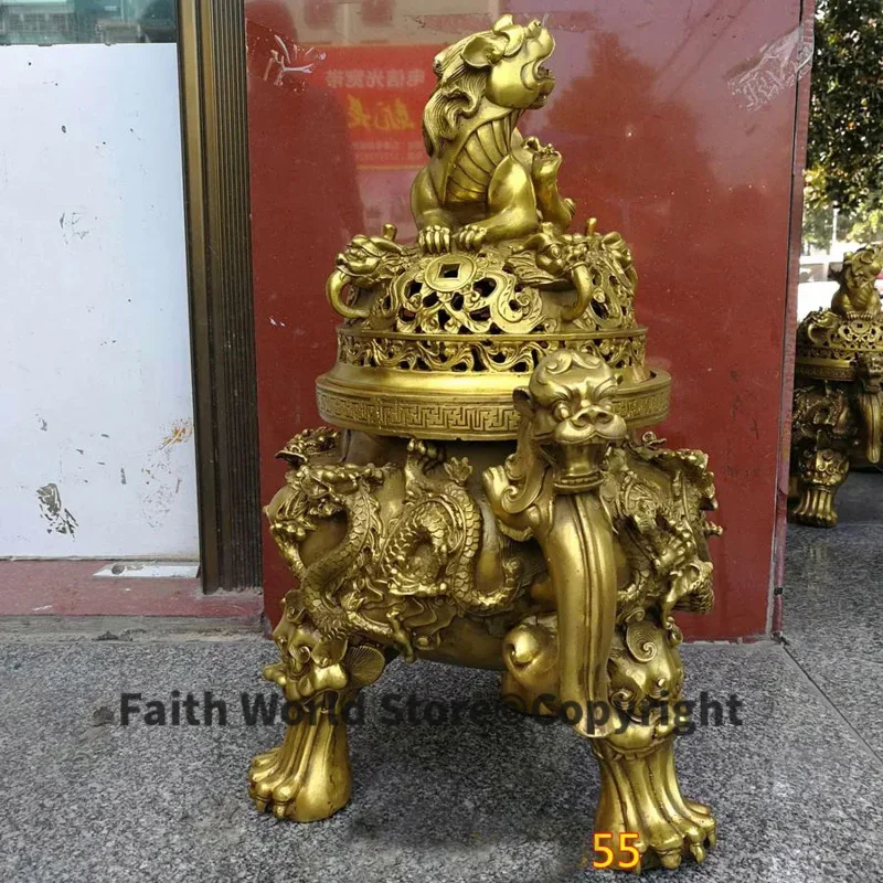 47CM large HOME House Shop hall lobby thriving business money Exorcise evil spirits talisman LION dragon brass censer statue