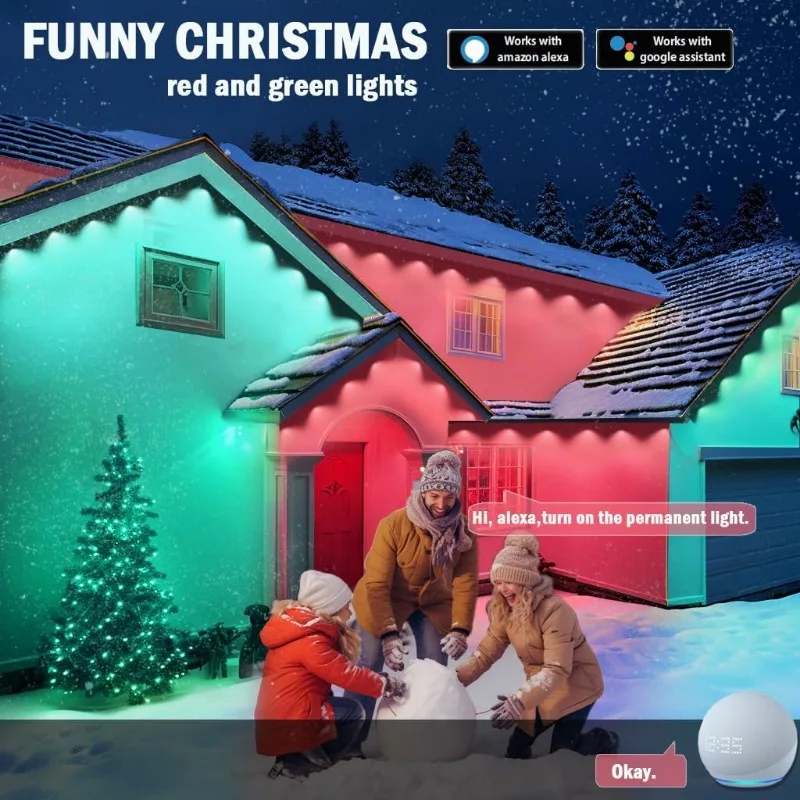 Luzes exteriores permanentes de natal 100 pés, luzes exteriores rgb inteligentes que mudam de cor luzes da beiral com 63 modos de cena, aplicativo, voz,