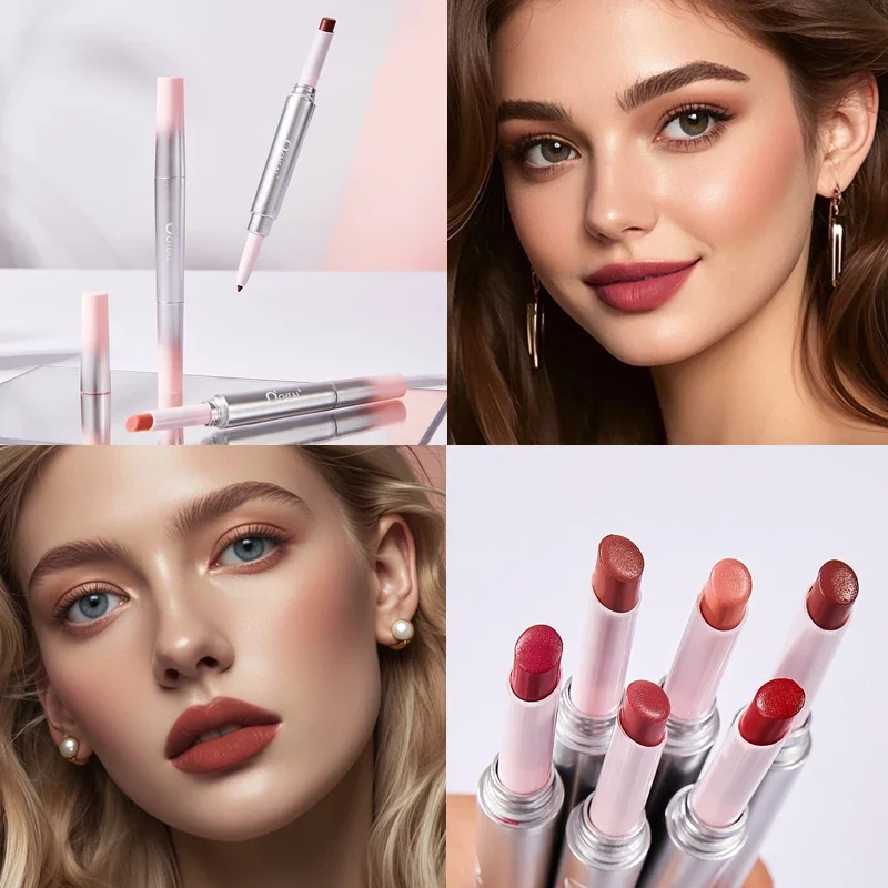 Batom delineador fosco 2 em 1, caneta de longa duração, sem transferência, sexy, vermelho, giratório, duas cabeças, cosméticos de maquiagem