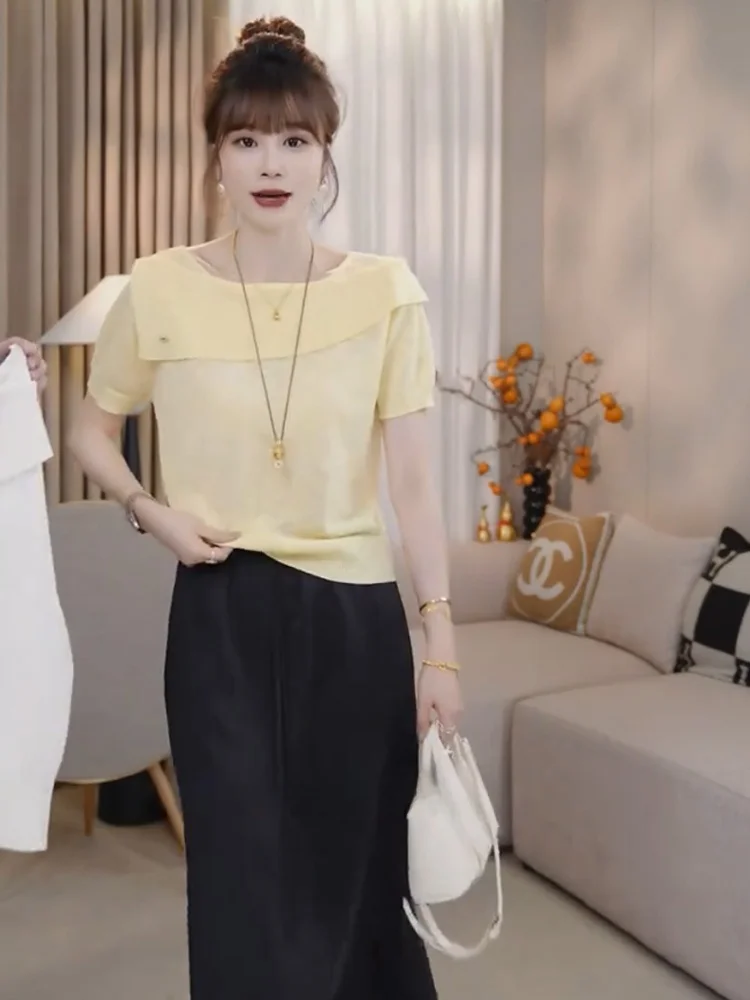 Faionable Knitted Crew Ne ort Sve Base irt Casual Versatile Top da donna Coreano Sle Taglio dritto Estate Nuovo arrivo