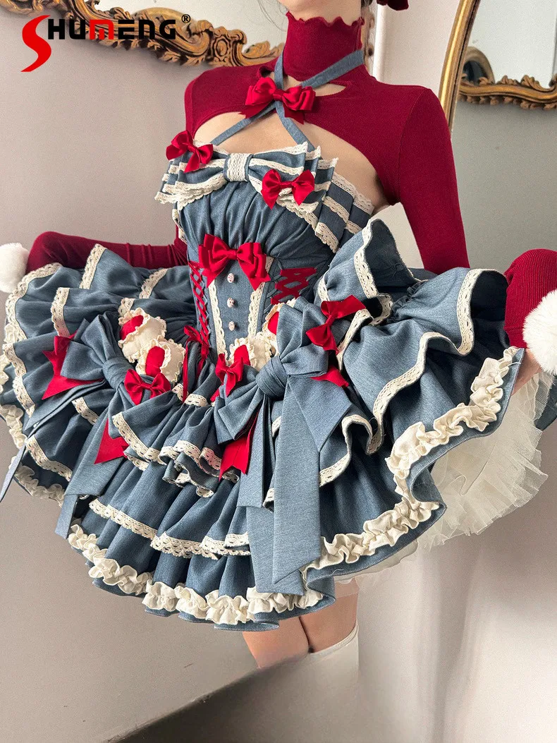 

New Girls Birthday Lolita Dress 2026 Spring and Summer Women's Tube Top Satin Bowknot Slim Pettiskirt Short Mini Party Dress