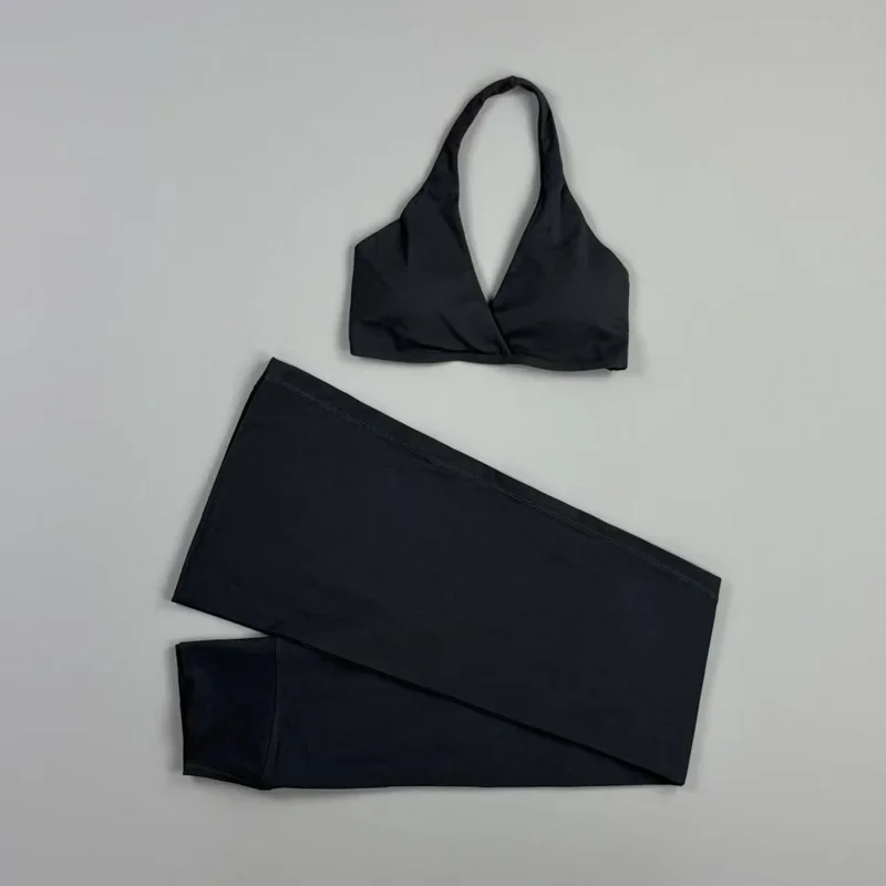 2-teiliges Origin Flares Hosen-Set: Neckholder-Sport-BH mit V-Ausschnitt, hochelastische, atmungsaktive Yoga-Schlaghose, Fitness-, Lauf- und Trainings-Set – Detail 12