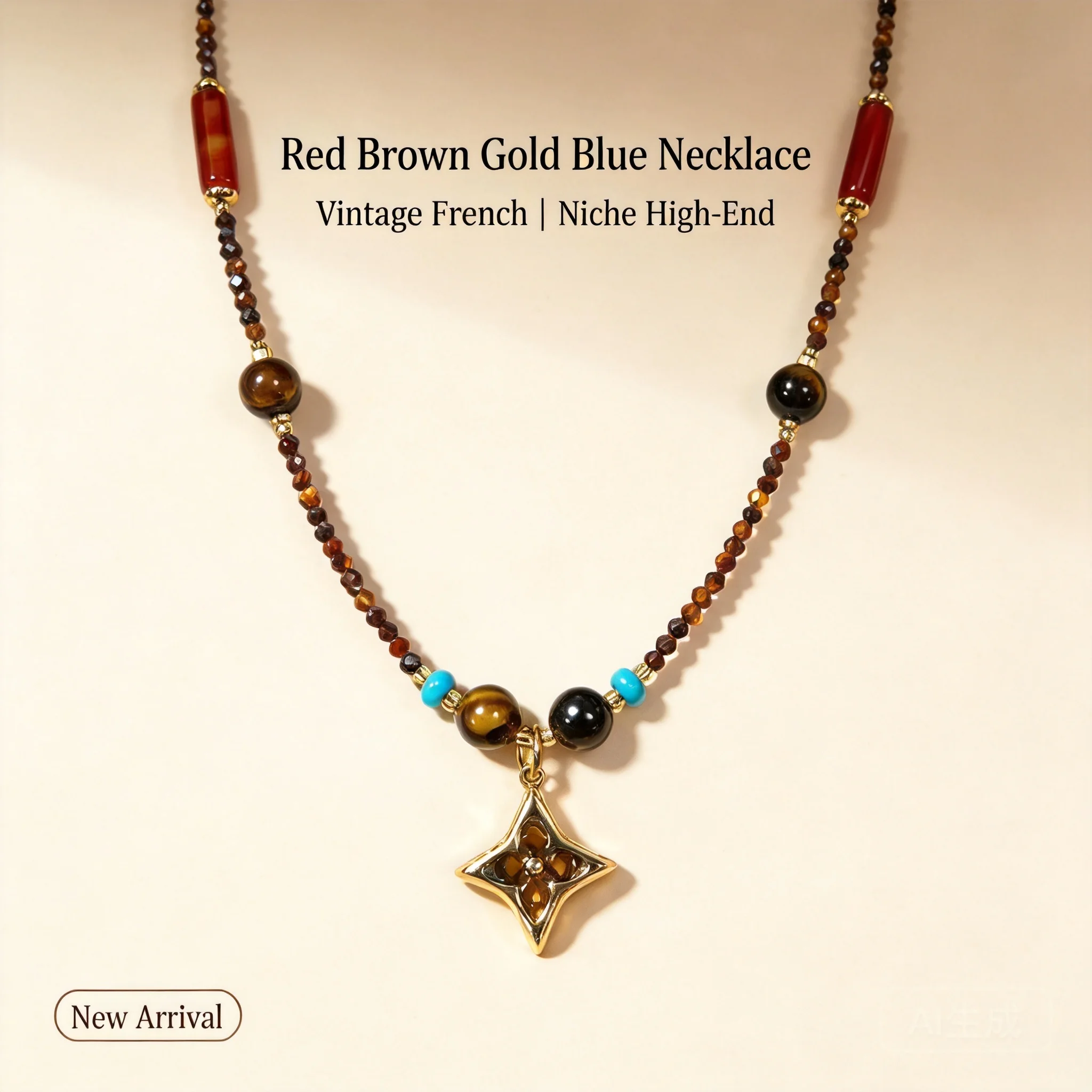 Chinese Style Lucky Tiger Eye Red Agate Turquoise Four Pointed Star Pendant Necklace For Women Vintage Light Luxury Dainty Clavi
