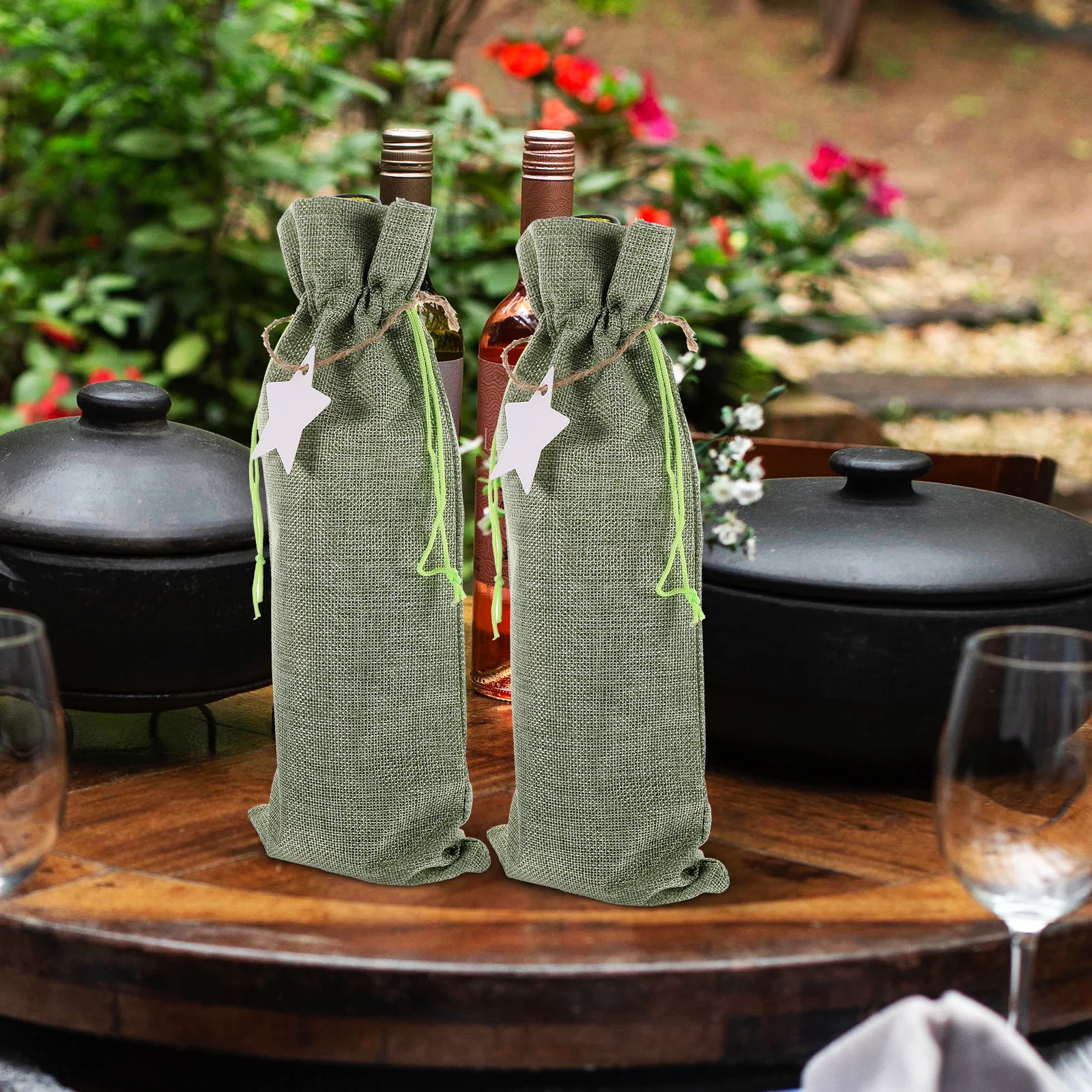 

12pcs Bags Burlap Drawstring 6 Light Purple 6 Light Green Christmas Bottle Gift For Travel Liquor Storage Practical