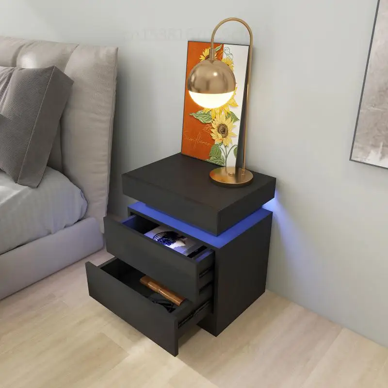 Nightstand Bedside Table With 2 Layers Of Drawers And Hidden Flip Cell Top 1m Light Strip 45x35x52cm Home Bedroom Furniture