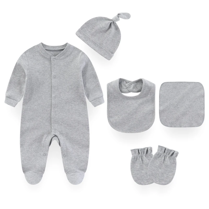 Fetchmou Baby 5Pcs/lot Jumpsuit+Bib+Glove+Mitten+Hat+Towel Sets 100% Cotton Baby Bodysuit Newborn Clothes Long Sleeve Rompers