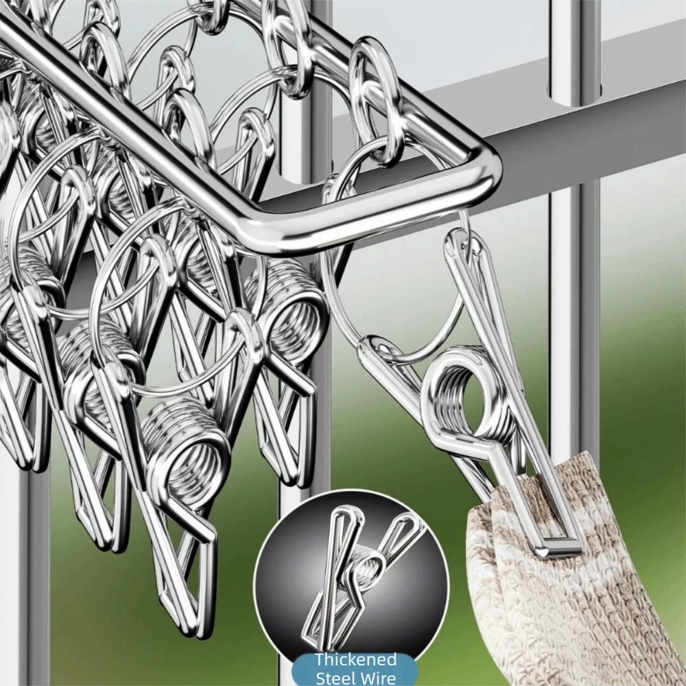 

Durable Stainless Steel Socks Drying Rack 10/16 Clips Windproof Clothes Drying Rack Waterproof Space Saving Underwear Rack Home