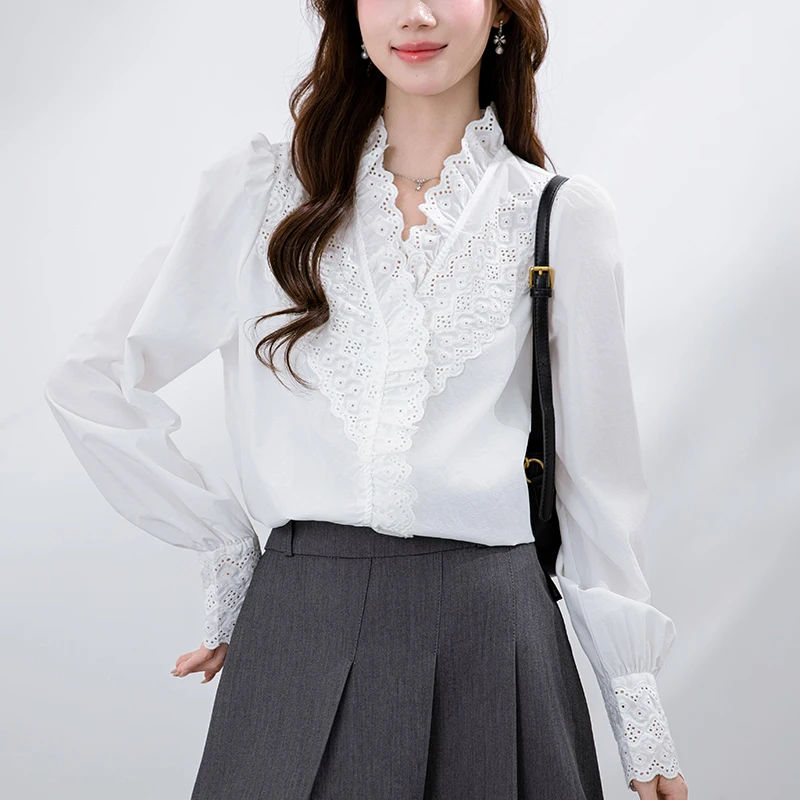 

Elegant Ruffles V-Neck Woman White Blouse Fashion Korean Stylish Stitching Casual Shirts Vintage Long Sleeve Tops