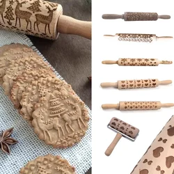35CM Christmas Embossed Rolling Pin Wood Carved Cookies Biscuit Fondant Dough Baking Engraved Printed Roller Holiday Gifts