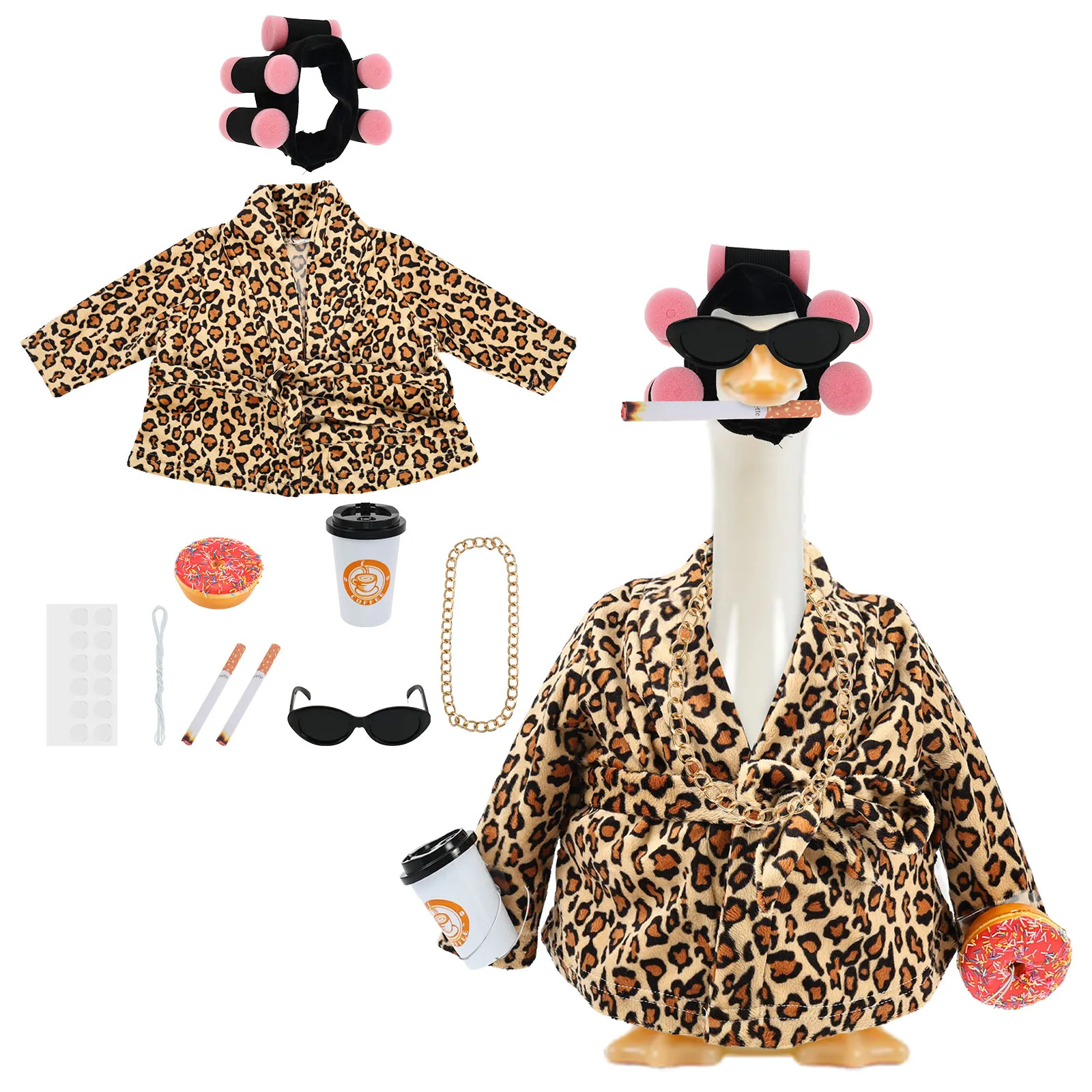 Old Lady Porch Goose Outfit Bathrobe Lawn Goose Costume Set for 23 Inch Porch Geese Cement or Plastic Statue with Curler Coffee