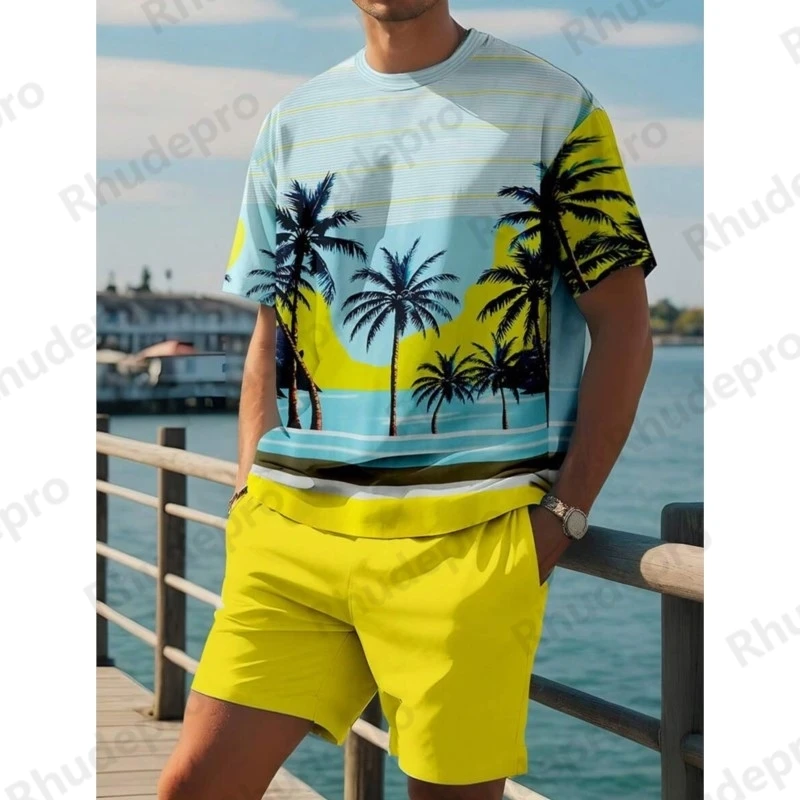 

Summer 2025 Funny Coconut Tree Gradient Print Men's T Shirt Suit Shorts 2 Piece Outfit Hawaiian Beach Vacation Short Sleeve Sets