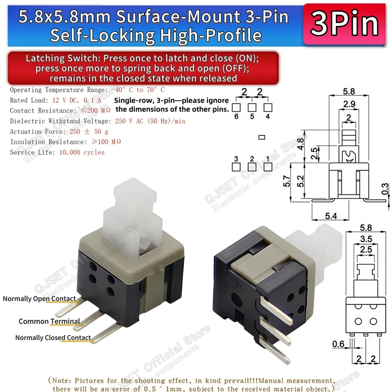 10 Stück 5,8x5,8 7x7 8x8 8,5x8,5mm Selbstverriegelnde/Nicht-verriegelnde Reset-/Multimeter-Taster, Taktiler Mikroschalter, 3/6-Pin Drucktastenschalter – Detail 31