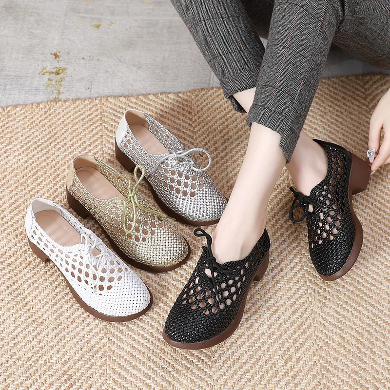 GKTINOO Genuine Leather Woven Thick Heels Women\'s Shoes 2024 Summer New Lace-up Soft Sole Casual Hollow Breathable Sandals