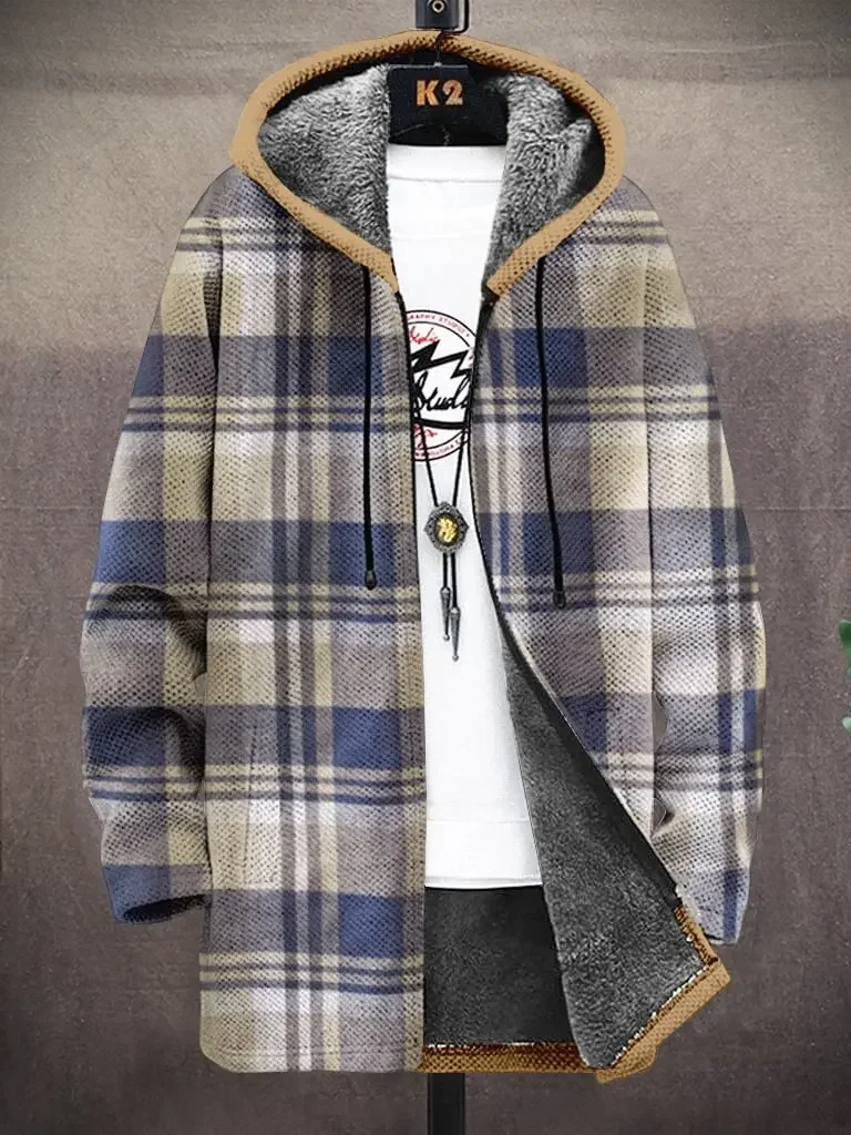 Men's Plaid Print Winter Fleece Lined Hooded Trench Coat Unisex Thick Warm Jacket