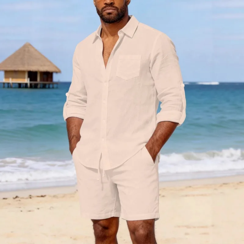 

Men's Linen Two Piece Set Button Down Roll Up Sleeve Shirt and Drawstring Shorts Casual Beach Outfit for Summer