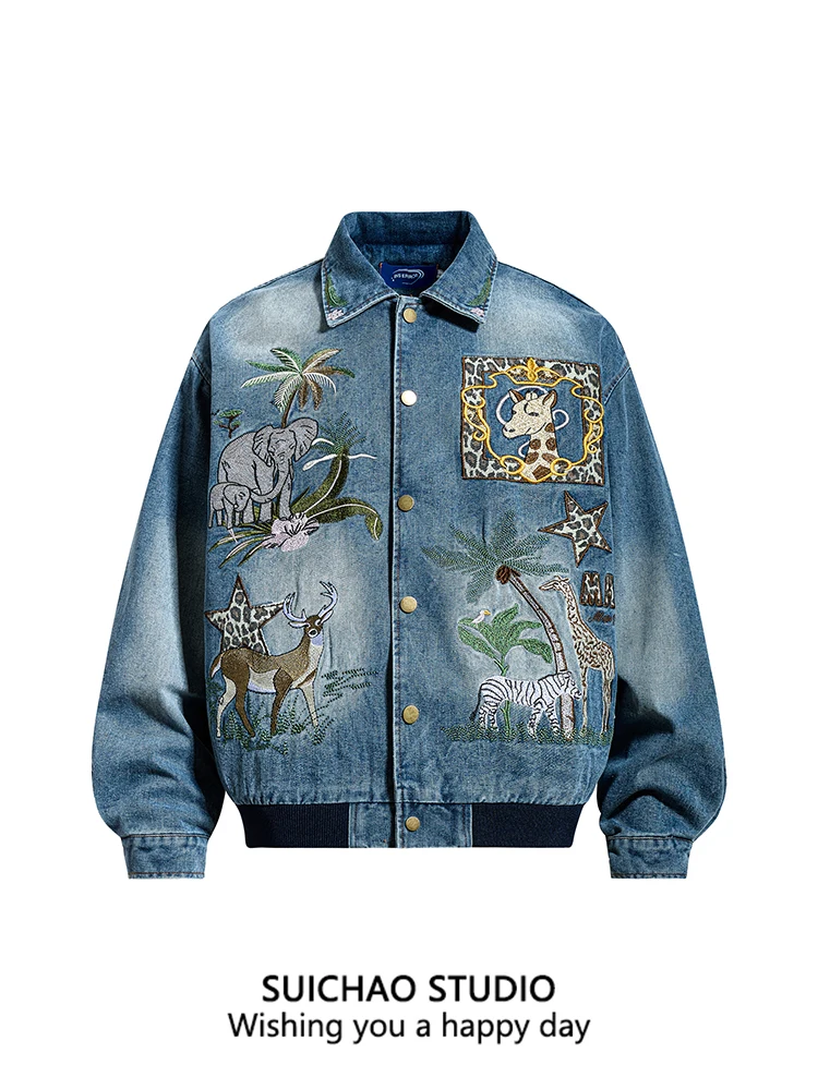 

Suichao American Retro Waed Embroidery Loose Baseball Jaet Spring Casual Loose Cotton Men's Collar Coat