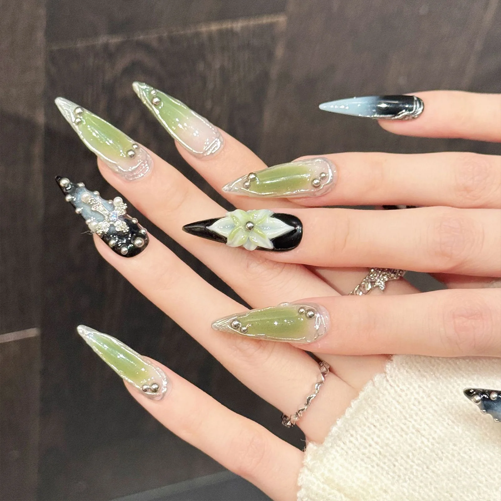 10Pcs Gothic Punk Black Green Fake Nails with 3D Hand-carving Petals Design Long Almond Fake Nails Sweet Cool Press on Nails