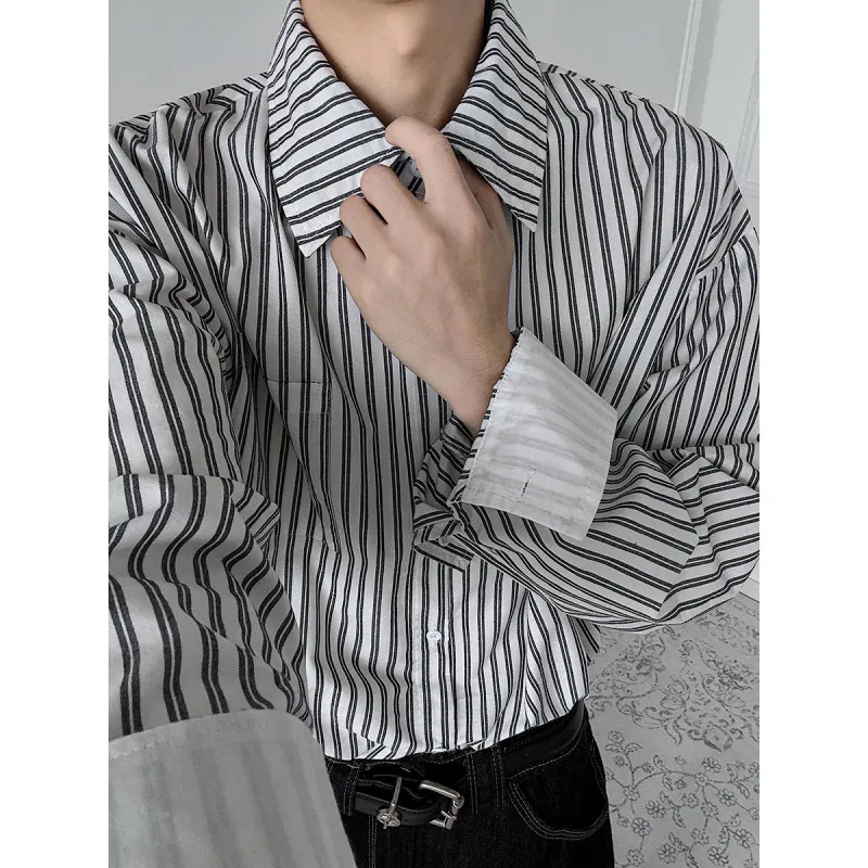 Casual Men's Long Sleeve Shirt Korean Style Standard Fit Stripe Pattern Drapey Comfortable Spring Autumn Wear Outerwear Coat