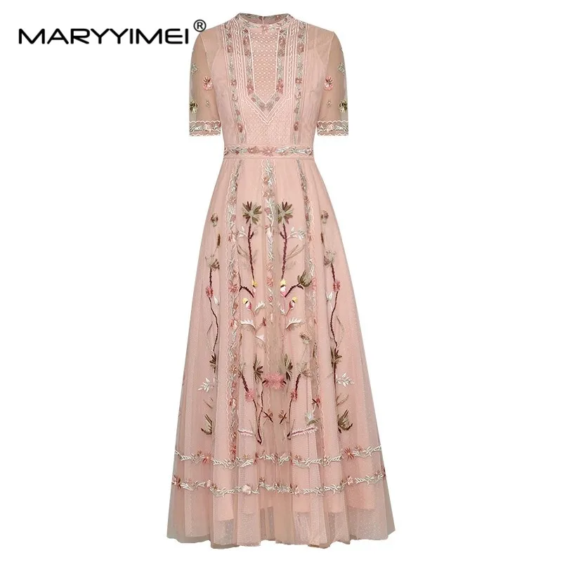 

MARYYIMEI Fashion Designer dress Summer Women's Dress Short Sleeve Mesh Flowers Embroidery Vintage Elegant Dresses