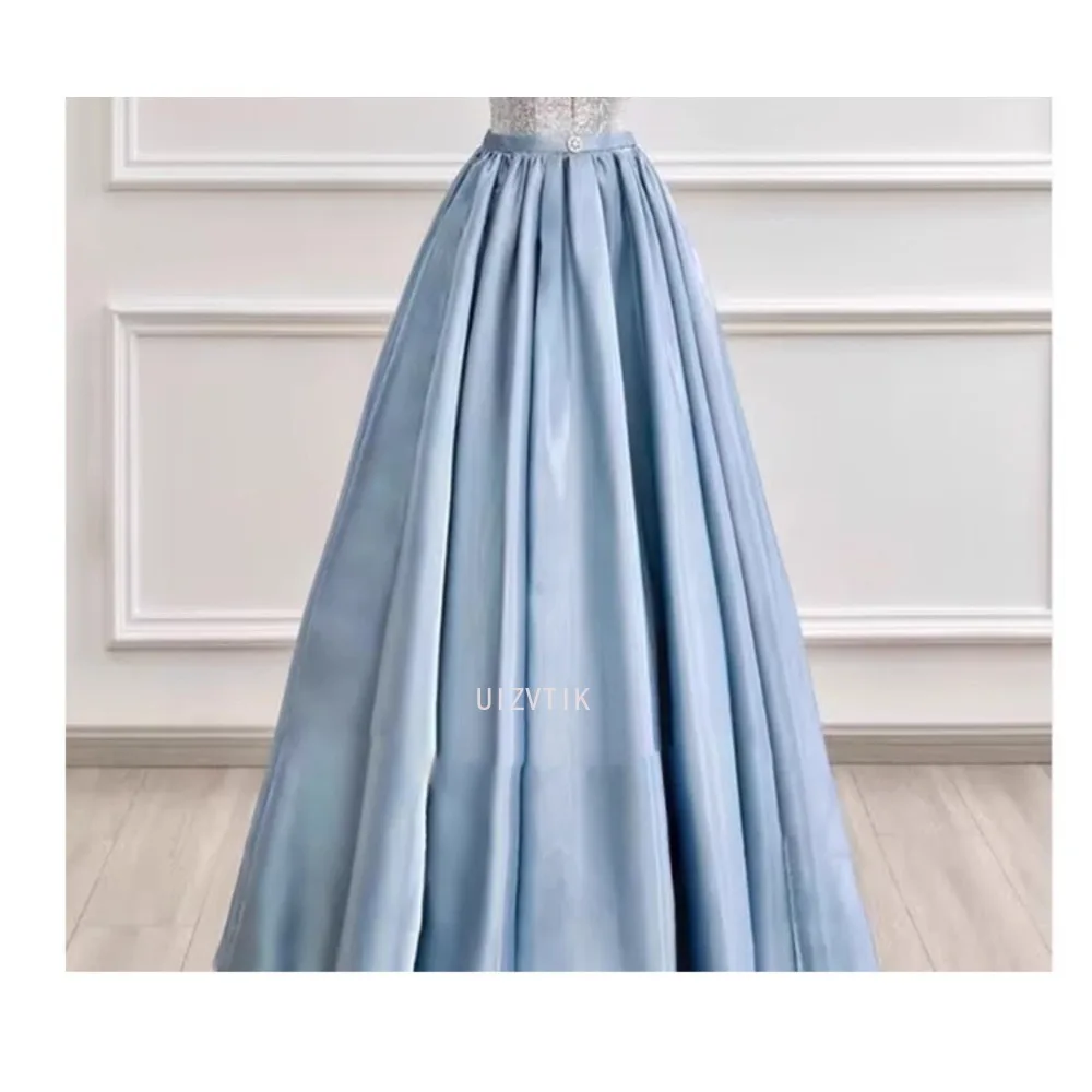 فستان الحفلات المسائية الأنيق من الساتان برقبة على شكل V أزرق سماوي للنساء بأكمام منتفخة على شكل حرف a فستان حفلات رداء De Soirée فساتين مخصصة