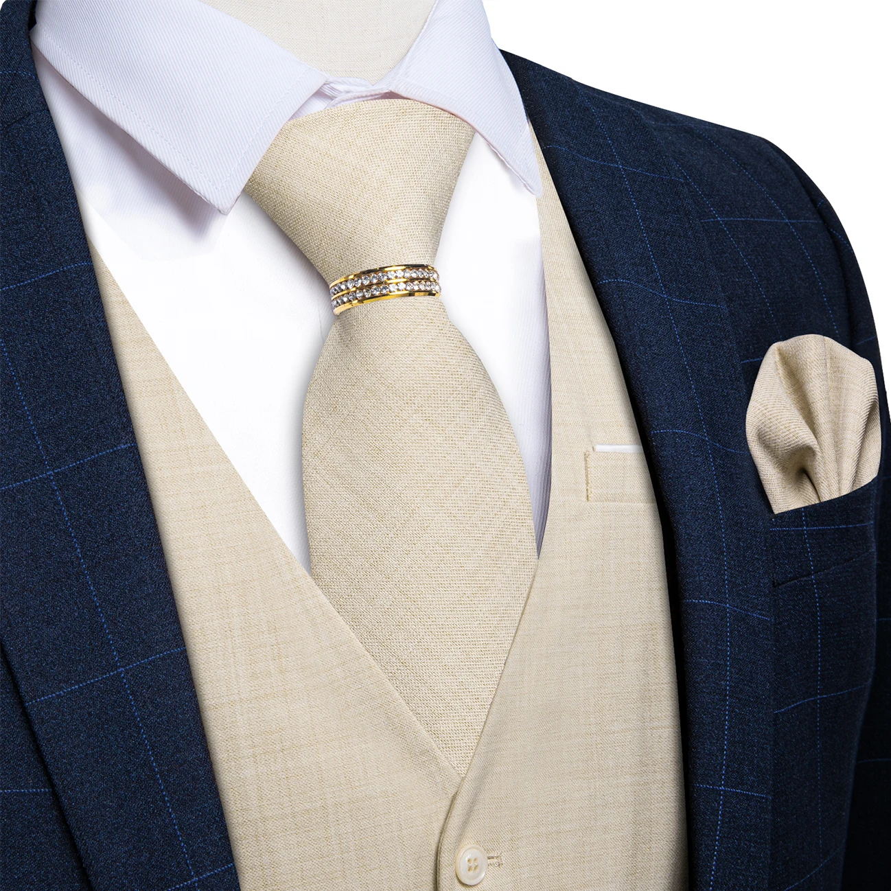 Beige Linen Textured V-Neck Vest 5Pcs Set Necktie Pocket Square Cufflinks Gold Rhinestone Tie Ring For Outdoor Wedding