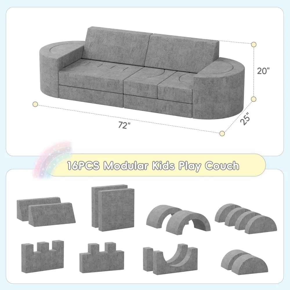 16pcs Modular Kids Play Couch, Child Sectional Sofa for Fun Play Time or Comfy Lounging, 1000+DIY Creativing Playroom , Grey