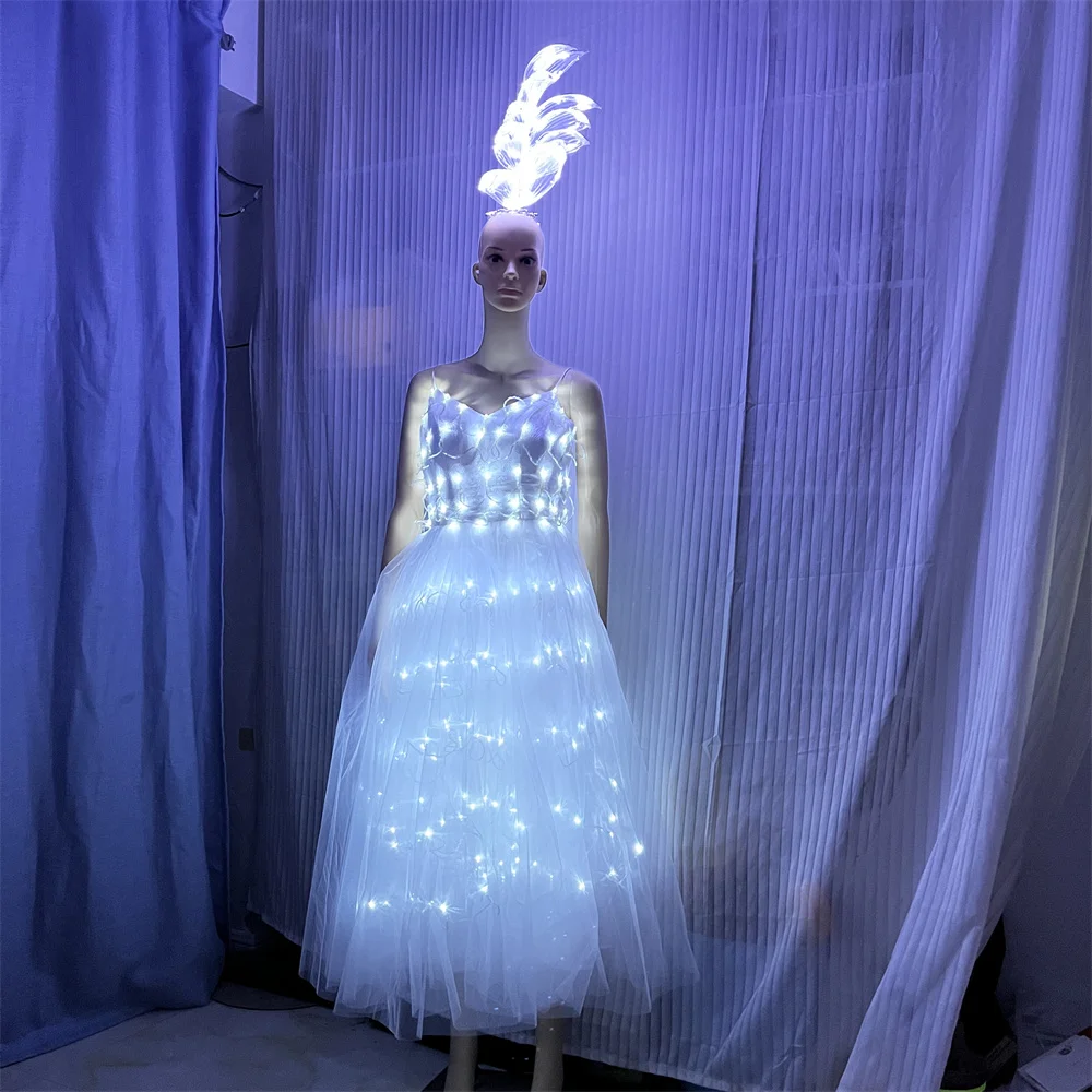 New White Color Led Wedding Dress Skirt, Stage Dance Performance Women Girl Costumes Clothes with Head Ornament