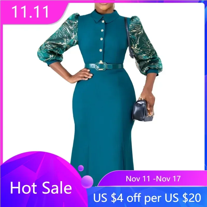 

2024 Spring Africa Clothing African Dresses for Women Dashiki Bodycon Midi Dress African Clothes Fashion Elegant Dress With Belt