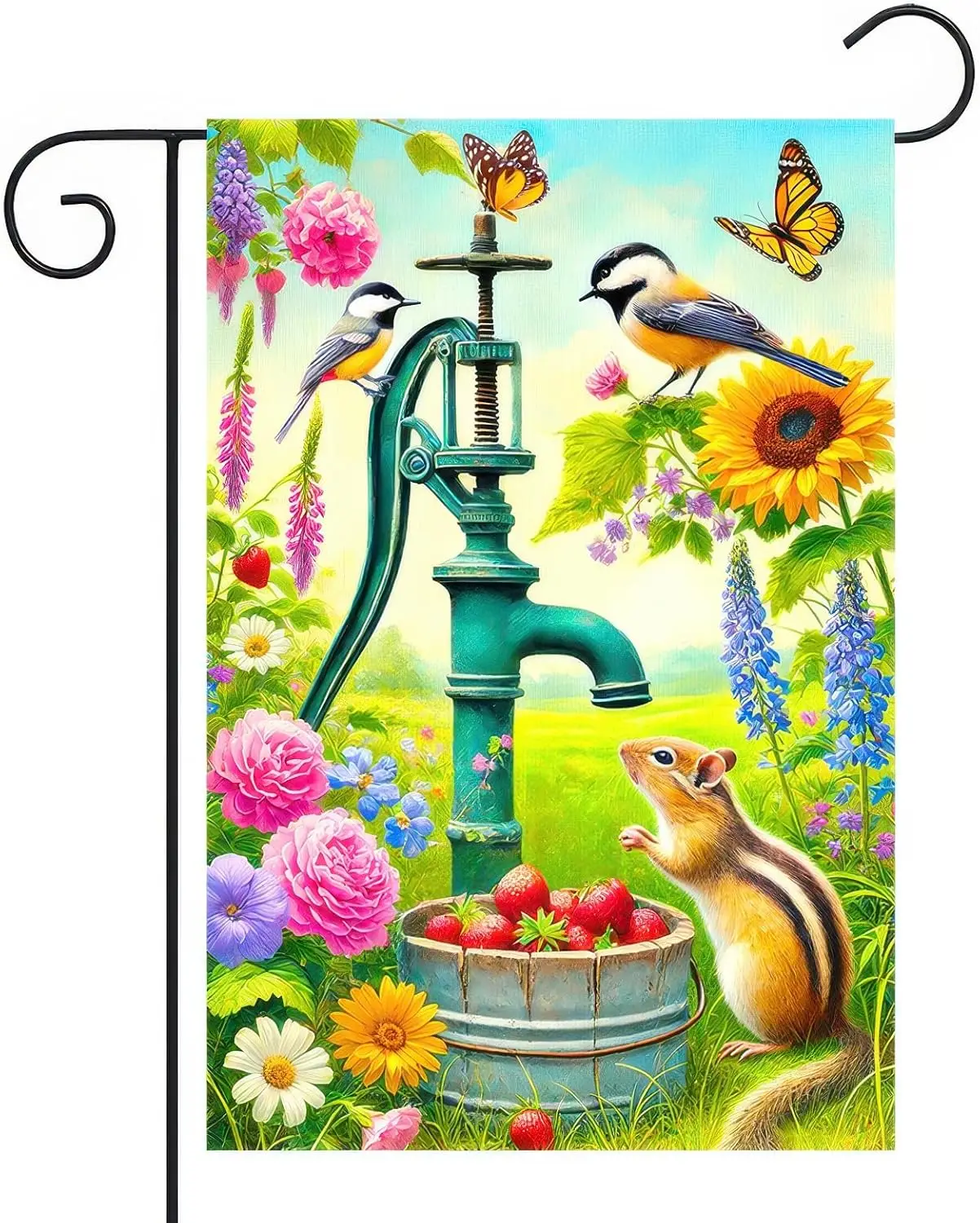 Spring Garden Flag 12x18 Inch Double-Sided Yard Decoration Featuring Colorful Pump Flowers Birds Chipmunk for Outdoor Spring SSL