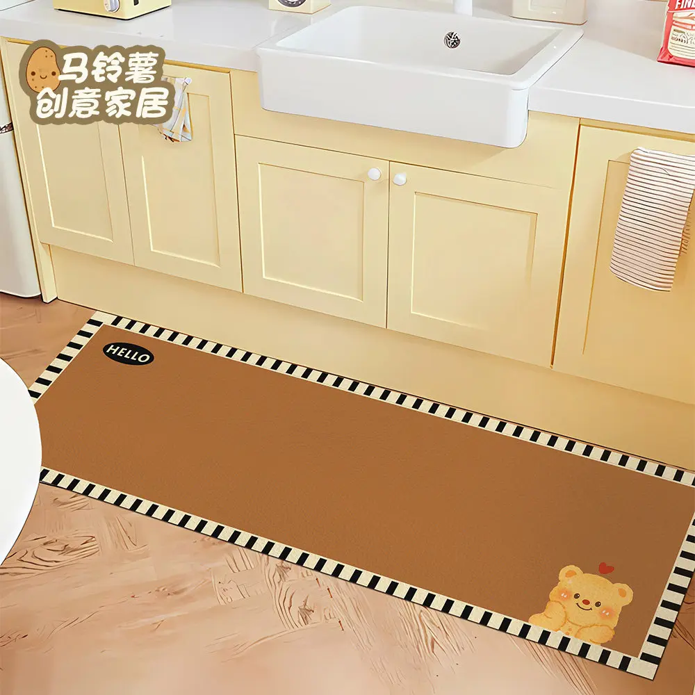VIKAMA Cream Striped Bear Cute Kitchen Long Floor Mat Diatom Mud Anti Slip Washable Korean Cartoon Entrance Doormat
