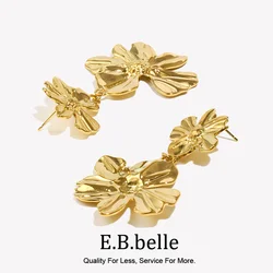 E.B.belle Two Flower Stitching Drop Earrings Waterproof Tarnish Free 316L Stainless Steel Decoration 18K Gold Plated Jewelry