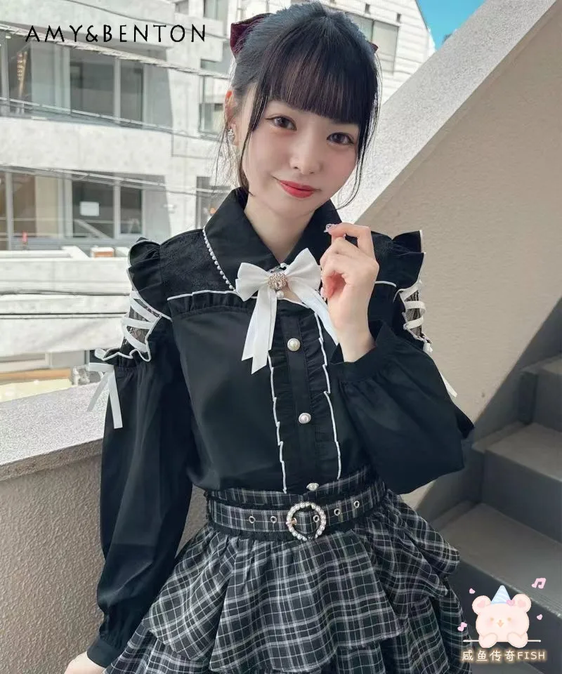 

Autumn New Lolita Lace Stitching Shirts Kawaii Pearl Bow Lace-up Off Shoulder Mine Blouses Sweet Cute All-Match Tops for Women