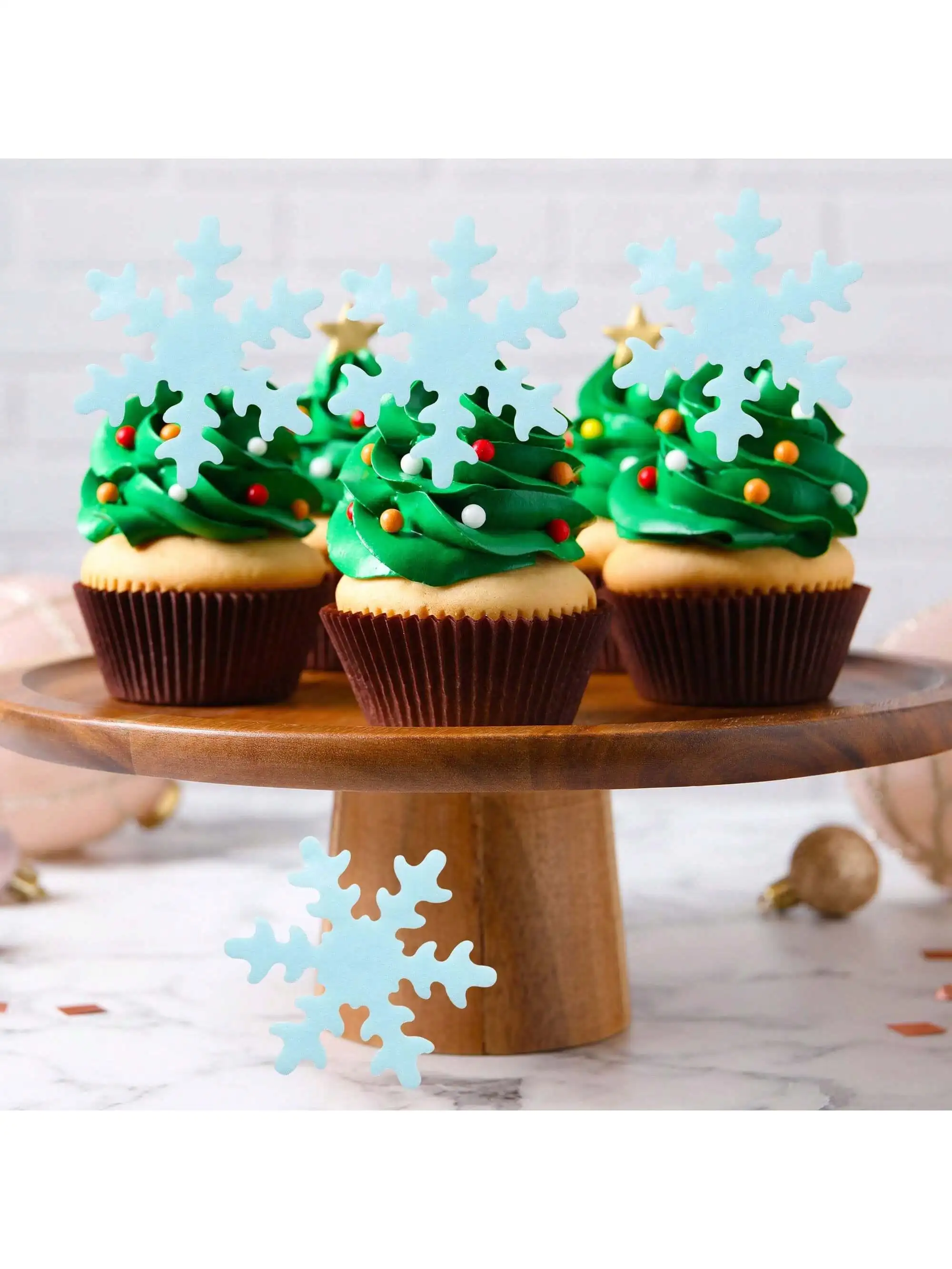 50 Stück blau-weiße Cupcake-Topper, Kuchenschneeflocken, Kuchendekoration, Winter-Frozen-Geburtstagsparty-Zubehör, Klebreispapier – Detail 3